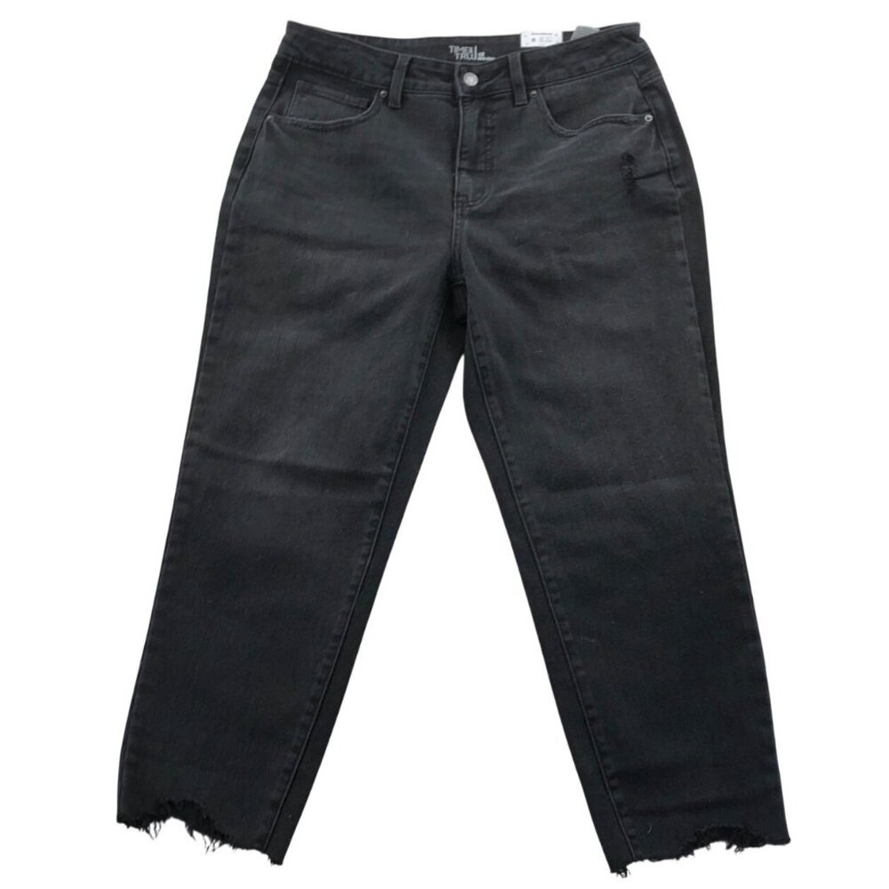 Time & Tru Women's Jeans Size 12 Black Denim Crop Mid-Rise Frayed Hem Casual